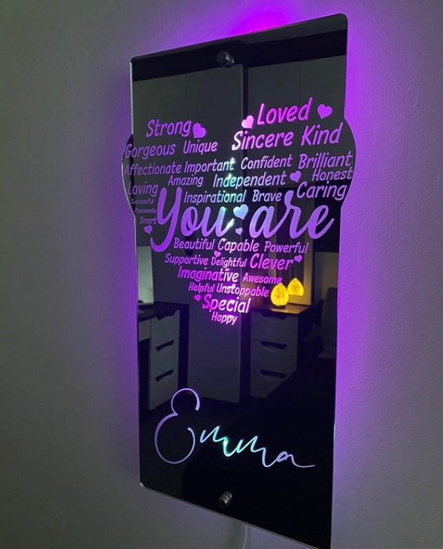 Engraved Affirmation Heart Mirror Light