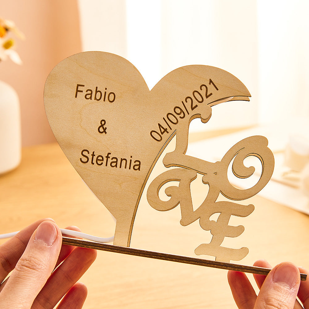 Engraved Heart Shaped Wood Night Light