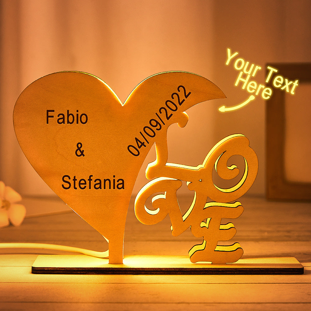 Heart Shaped Engraved Wood Night Light